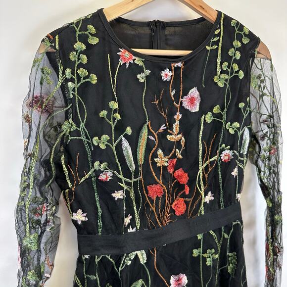 Black Midi Sheer Sleeve Embroidered Floral Knee Length Dress Womens Size Small - Picture 2 of 14